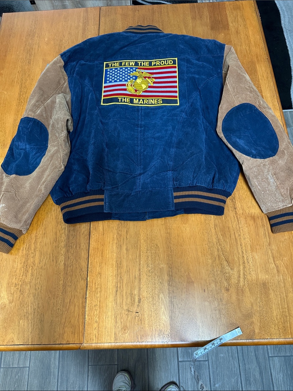 Avalanche men’s vintage varsity style, blue/ brown suede jacket. Marine patches - Picture 8 of 13